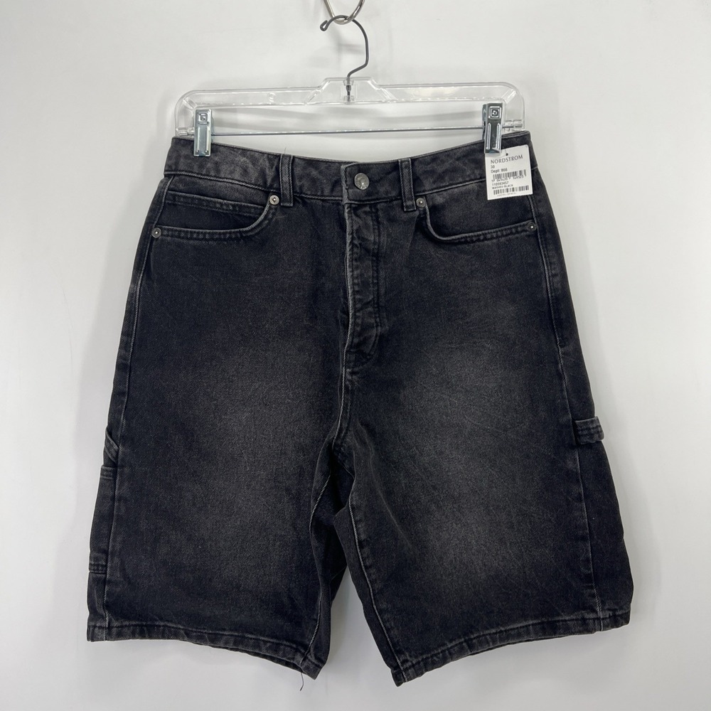 TopMan Denim Shorts Men 30 Black Wash Bermuda Carpenter Button Fly Gorpcore 10"